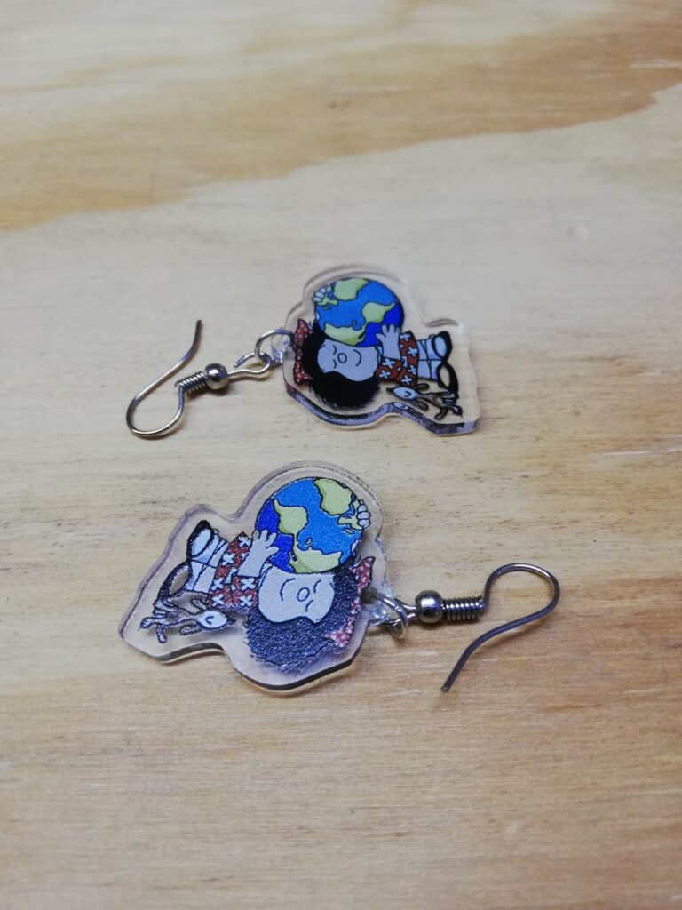 Fotografía de par de aretes "Mafalda geógrafa". Precio: $75 MXN Dimensiones de colgante: 2.5 x 2.5 cm. Material: Acrílico Categoría: Nuevo