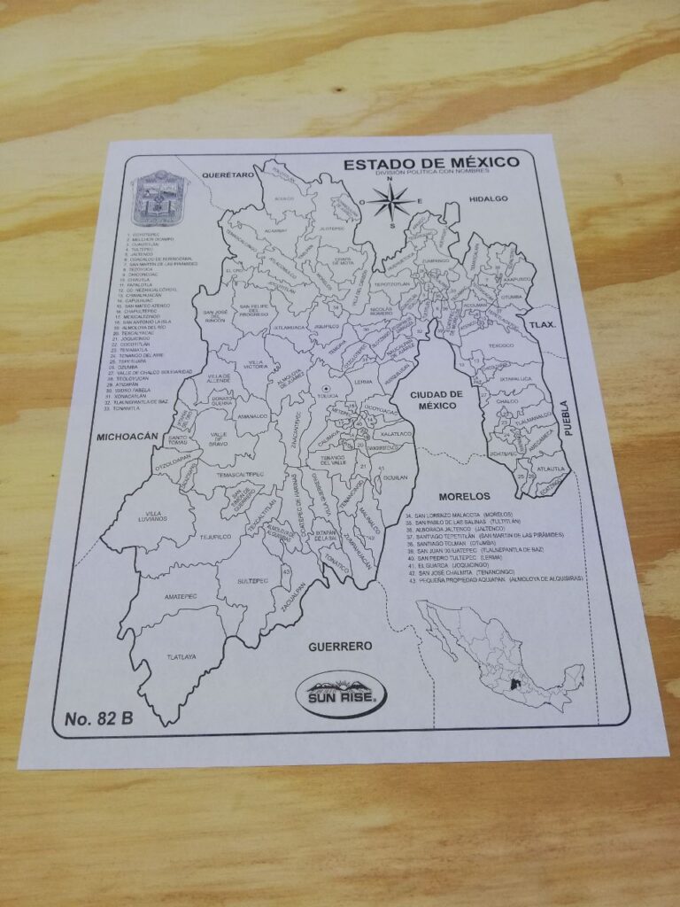 Fotografía de Mapa escolar con división política con nombres del estado de México MXN 2.00 Precio por cada mapa Dimensiones: 21.5 x 28 centímetros Categoría: Nuevo Estados disponibles: Ciudad de México, Guerrero, Guanajuato, Jalisco, México, Michoacán, Querétaro, San Luis Potosí, Tlaxcala, Veracruz y Yucatán