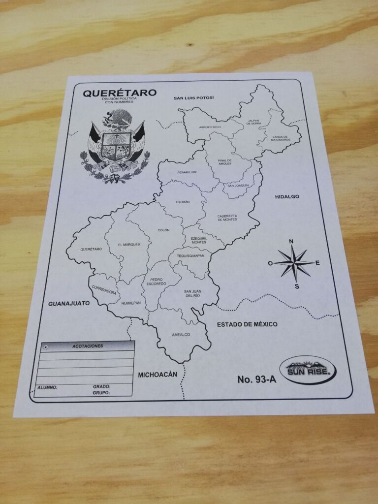 Fotografía de Mapa escolar con división política con nombres del estado de Querétaro MXN 2.00 Precio por cada mapa Dimensiones: 21.5 x 28 centímetros Categoría: Nuevo Estados disponibles: Ciudad de México, Guerrero, Guanajuato, Jalisco, México, Michoacán, Querétaro, San Luis Potosí, Tlaxcala, Veracruz y Yucatán