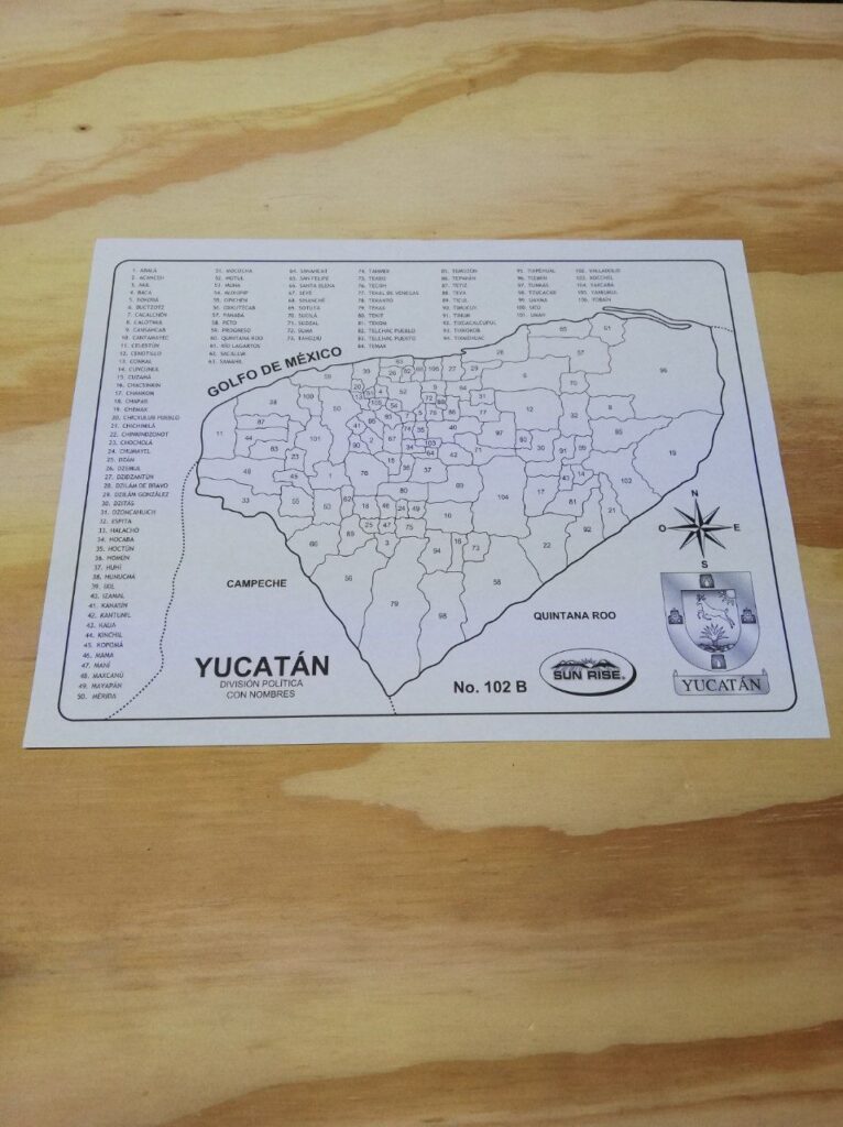 Fotografía de Mapa escolar con división política con nombres del estado de Yucatán MXN 2.00 Precio por cada mapa Dimensiones: 21.5 x 28 centímetros Categoría: Nuevo Estados disponibles: Ciudad de México, Guerrero, Guanajuato, Jalisco, México, Michoacán, Querétaro, San Luis Potosí, Tlaxcala, Veracruz y Yucatán