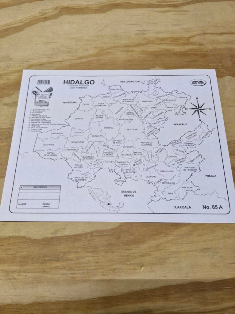 Fotografía de Mapa escolar con división política con nombres del estado de Hidalgo MXN 2.00 Precio por cada mapa Dimensiones: 21.5 x 28 centímetros Categoría: Nuevo Estados disponibles: Hidalgo, Sonora, Ciudad de México, Guerrero, Guanajuato, Jalisco, México, Michoacán, Querétaro, San Luis Potosí, Tlaxcala, Veracruz y Yucatán