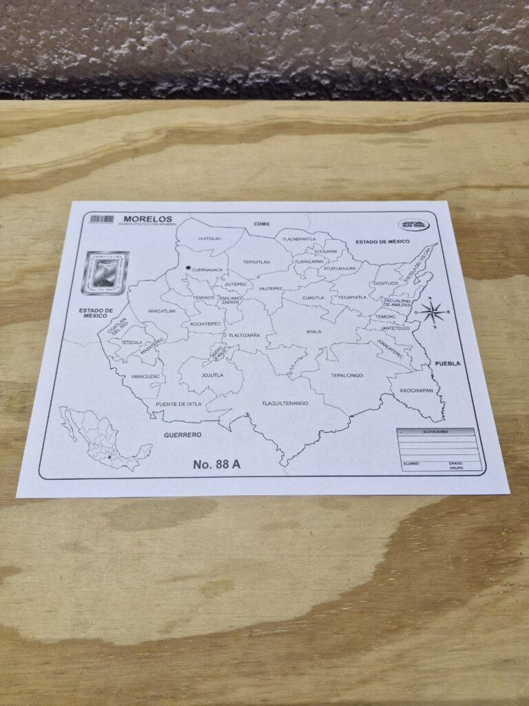 Fotografía de Mapa escolar con división política con nombres del estado de Morelos Precio $2.00 MXN cada uno Dimensiones: 21.5 x 28 centímetros Categoría: Nuevo Estados disponibles: Aguascalientes, Coahuila, Chihuahua, Ciudad de México, Guanajuato, Guerrero, Hidalgo, Jalisco, México, Michoacán, Morelos, Nayarit, Querétaro, San Luis Potosí, Sonora, Tlaxcala, Veracruz, Yucatán, Zacatecas. Además de Estados Unidos.
