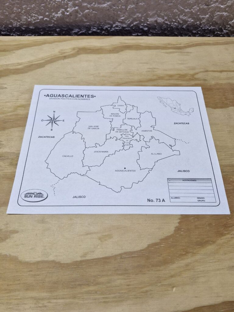Fotografía de Mapa escolar con división política con nombres del estado de Aguascalientes Precio $2.00 MXN cada uno Dimensiones: 21.5 x 28 centímetros Categoría: Nuevo Estados disponibles: Aguascalientes, Coahuila, Chihuahua, Ciudad de México, Guanajuato, Guerrero, Hidalgo, Jalisco, México, Michoacán, Morelos, Nayarit, Querétaro, San Luis Potosí, Sonora, Tlaxcala, Veracruz, Yucatán, Zacatecas. Además de Estados Unidos.