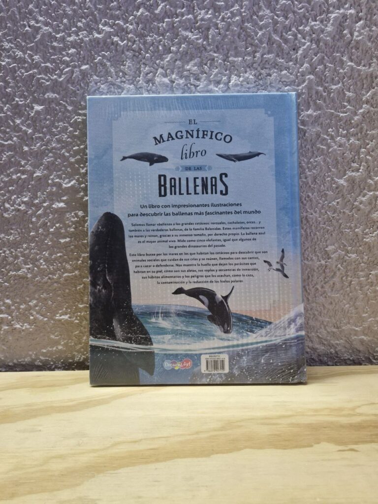 Fotografía de contra portada del libro impreso El magnífico libro de las ballenas Precio: $340 MXN Autor: Eliseo García Nieto Ilustradora: Pilar Pascual Año: 2023 Formato: Pasta dura. Dimensiones: Ancho 26.5 cm., Alto 35.5 cm., Grueso 1.5 cm. Número de páginas: 82 Idiomas: Español Categoría: Nuevo