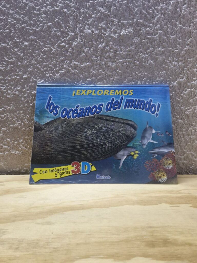 Fotografía de portada de libro impreso "¡Exploremos los océanos del mundo!" Precio: $175 MXN Año: 2023 Formato: Pasta dura Dimensiones: Ancho 35 cm., Alto 25.5 cm., Grueso 0.9 cm. Número de páginas: 28 Idioma: Español Incluye gafas 3D Categoría: Nuevo
